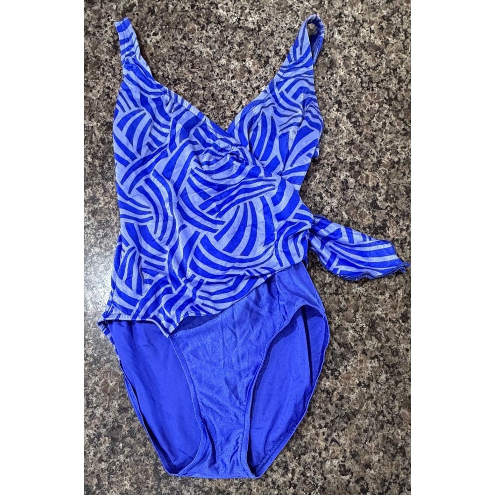 Oscar‎ de la Renta Vintage Blue Geometric Wrap One Piece Swimsuit Size 8 USA